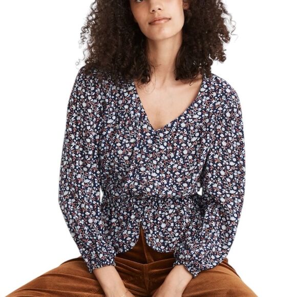 Madewell Silk Long Sleeve Peplum Top Navy Floral Print Size Small - Picture 1 of 7